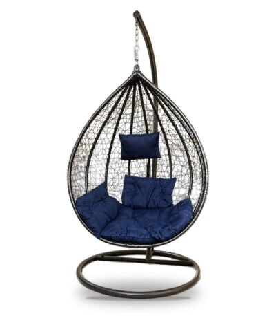 Black HDPE wicker hanging egg chair swing with stand and navy blue cushions
