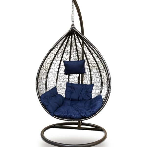 Black HDPE wicker hanging egg chair swing with stand and navy blue cushions