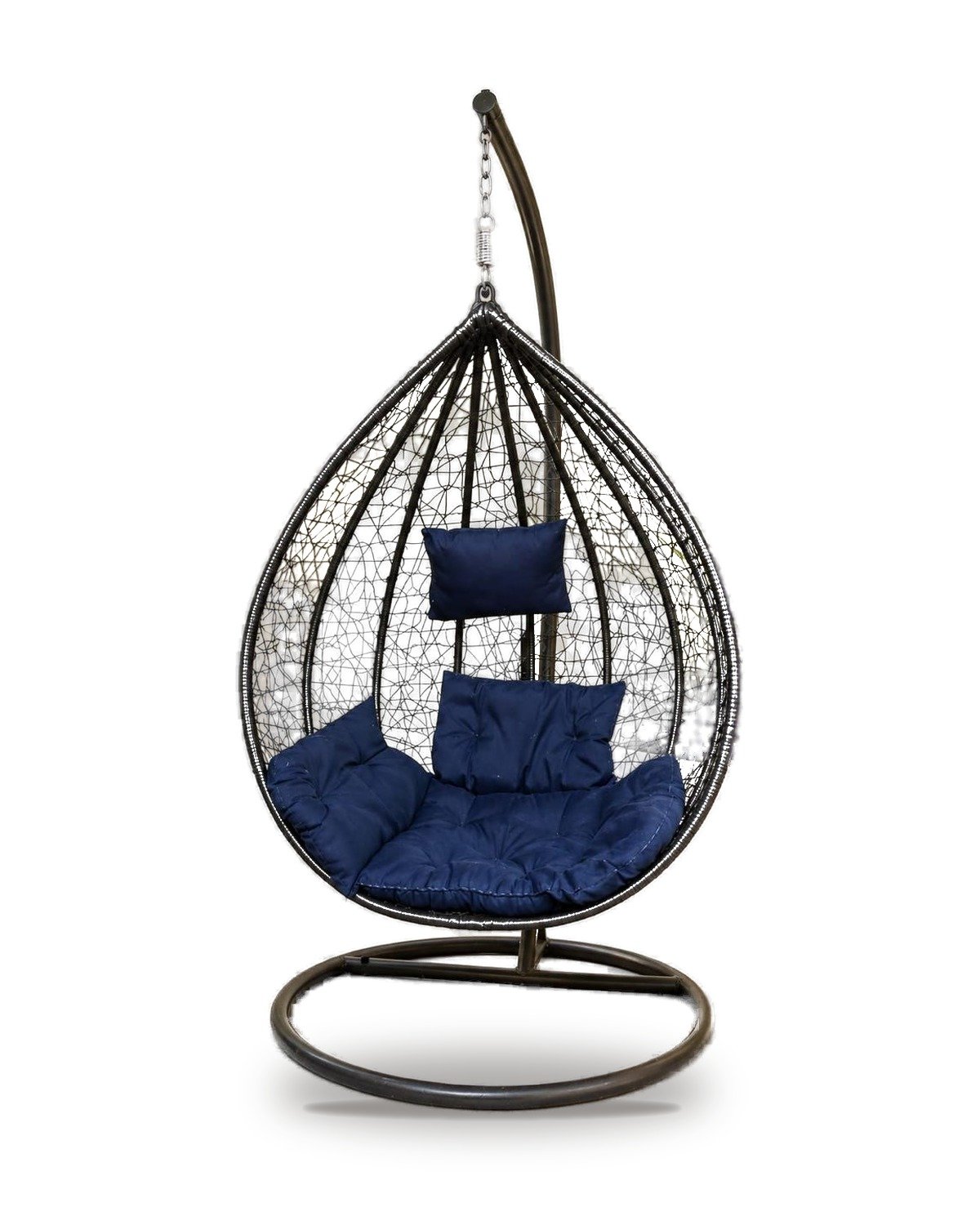 proknots-black-egg-swing-navy-white Black HDPE wicker hanging egg chair swing with stand and navy blue cushions