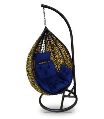 Black and yellow HDPE wicker hanging egg chair swing with stand and navy blue cushions