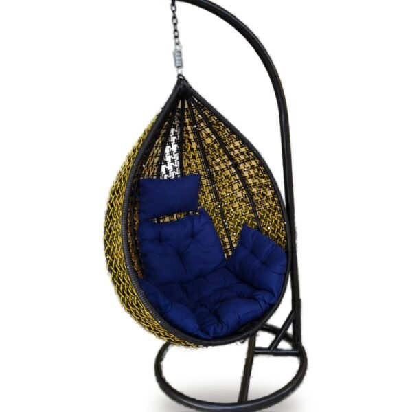 Black and yellow HDPE wicker hanging egg chair swing with stand and navy blue cushions