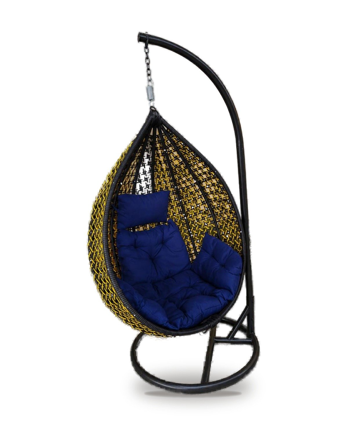 proknots-black-yellow-egg-swing-navy-white Black and yellow HDPE wicker hanging egg chair swing with stand and navy blue cushions