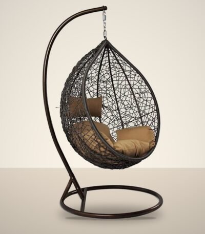 Brown HDPE wicker hanging egg chair swing with stand and tan cushions, studio background