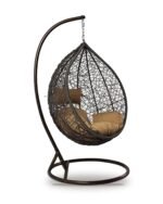 Brown HDPE wicker hanging egg chair swing with stand and tan cushions