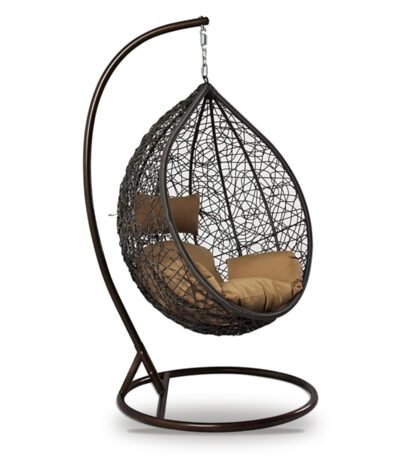 Brown HDPE wicker hanging egg chair swing with stand and tan cushions