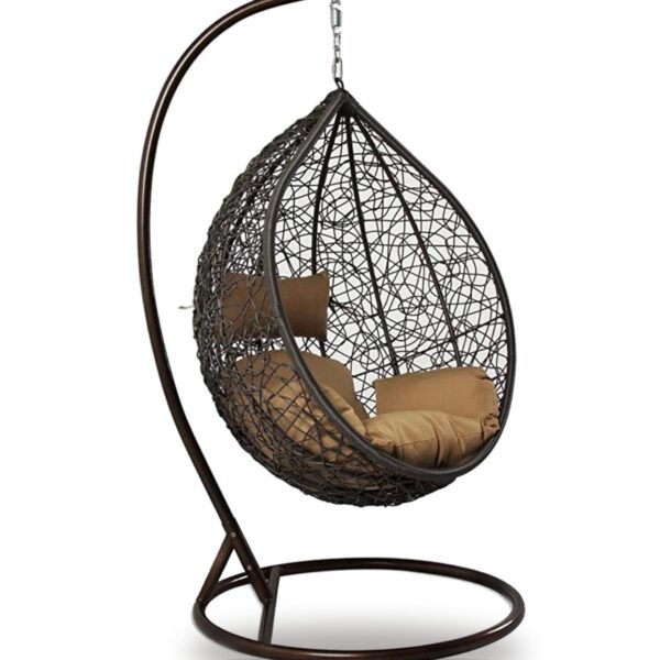 Brown HDPE wicker hanging egg chair swing with stand and tan cushions