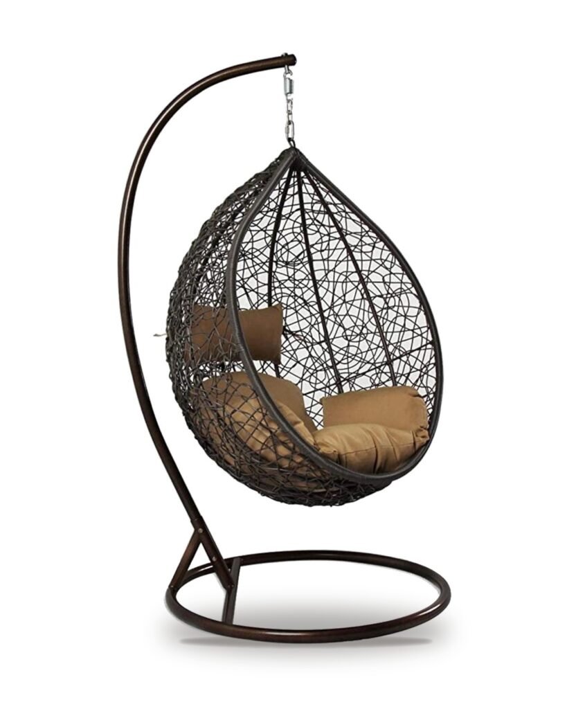 Brown HDPE wicker hanging egg chair swing with stand and tan cushions