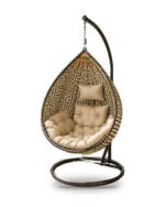 Gold and black HDPE wicker hanging egg chair swing with stand and beige cushions