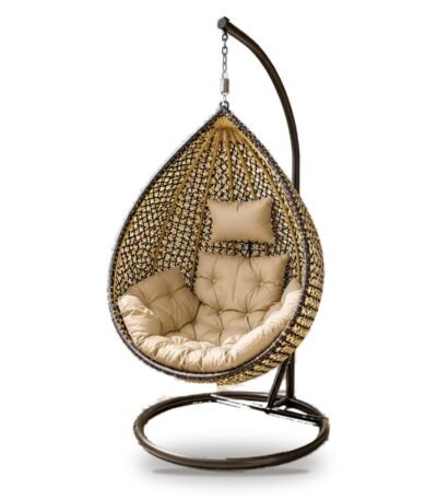 Gold and black HDPE wicker hanging egg chair swing with stand and beige cushions