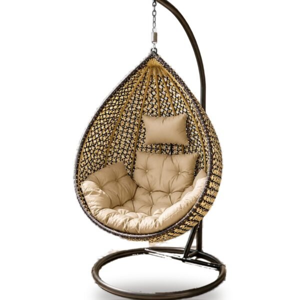Gold and black HDPE wicker hanging egg chair swing with stand and beige cushions