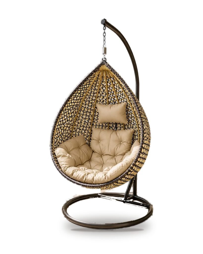 Gold and black HDPE wicker hanging egg chair swing with stand and beige cushions
