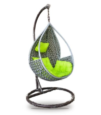 Grey HDPE wicker hanging teardrop chair swing with stand and lime green cushions