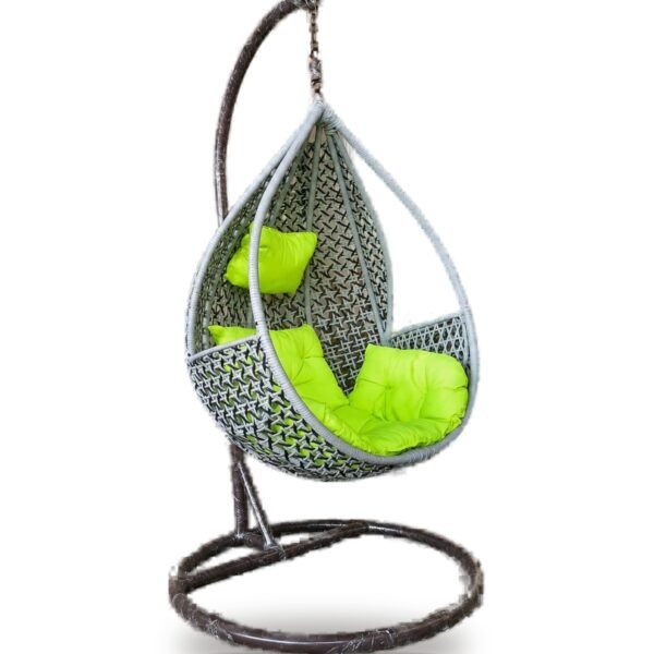 Grey HDPE wicker hanging teardrop chair swing with stand and lime green cushions