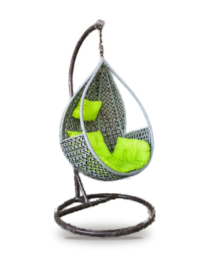 Grey HDPE wicker hanging teardrop chair swing with stand and lime green cushions
