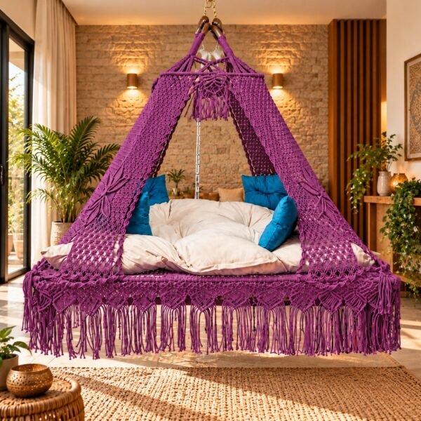 ProKnots Queen Size macrame bed swing jhula in a living room, with mattress and blue cushions